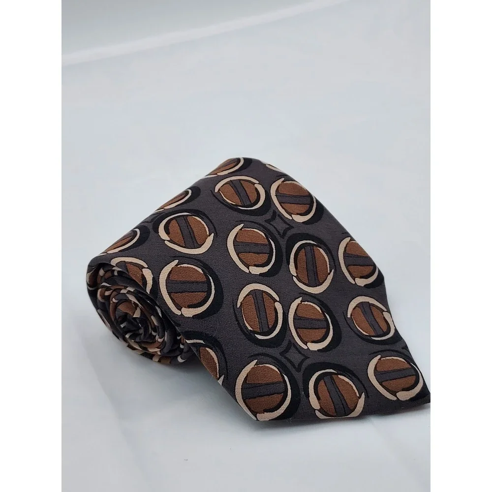 Men Silk Necktie Charcoal Grey Brown Cream Geometric Circle Abstract Pattern Tie